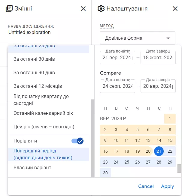 Є можливість порівняти дані двох діапазонів дат.