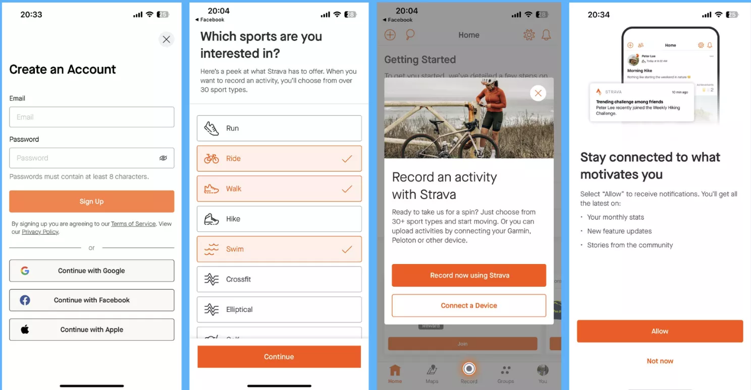 Онбординг-екрани спортивного застосунку Strava