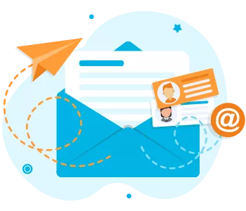 Stylized graphic of an open envelope with a paper plane, email icon, and ID badge, representing digital communication and personalisation.