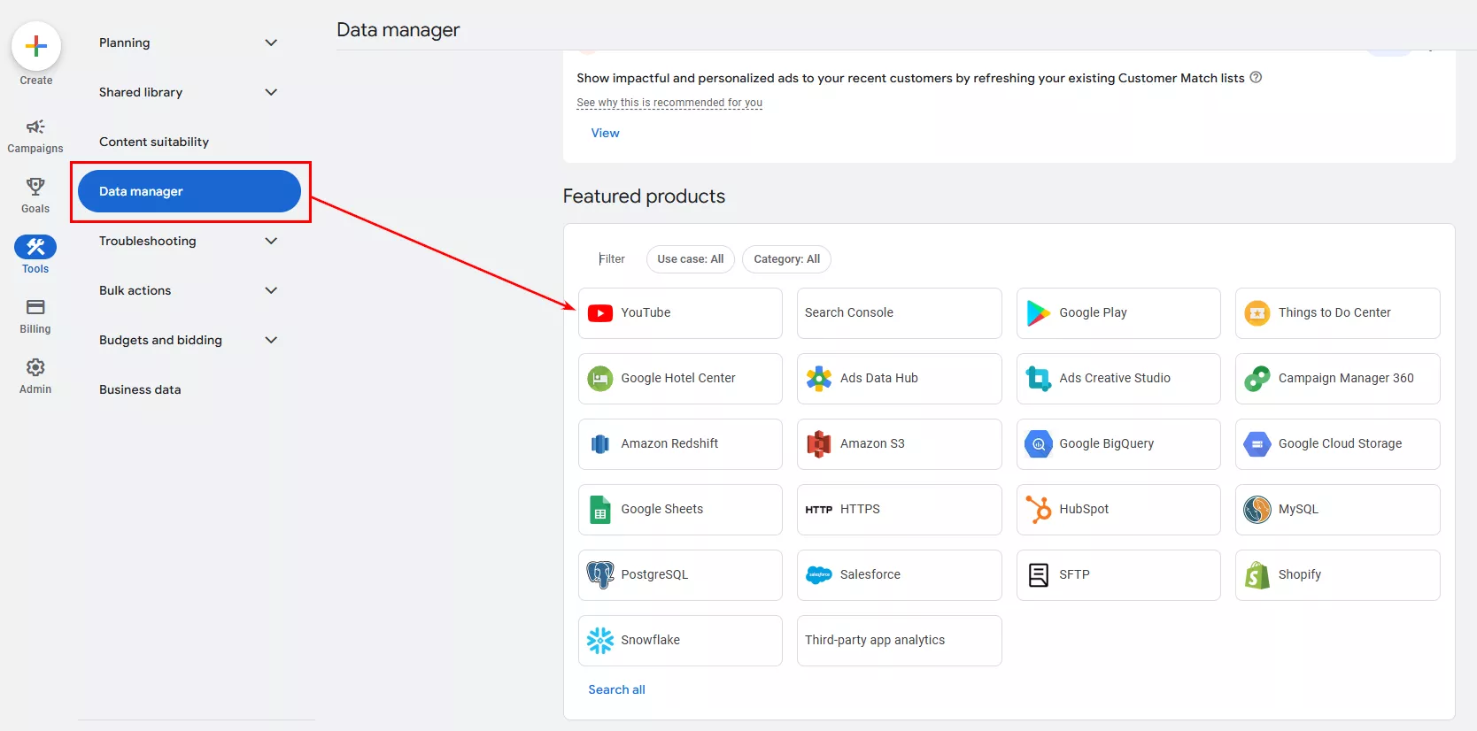 Если вы его имеете, перейдите на вкладку Data Manager и найдите в списке YouTube.