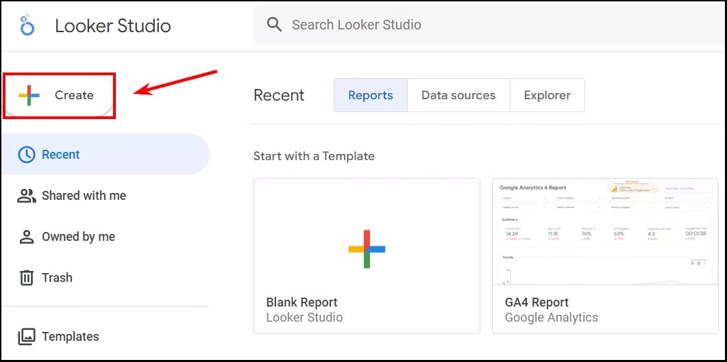 From the Looker Studio main page, click Create.