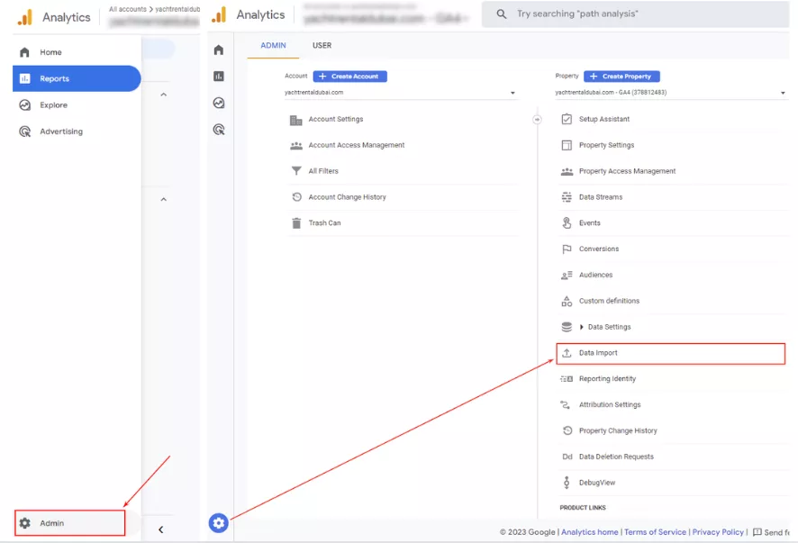 Go to GA4 and click Admin > Data import.