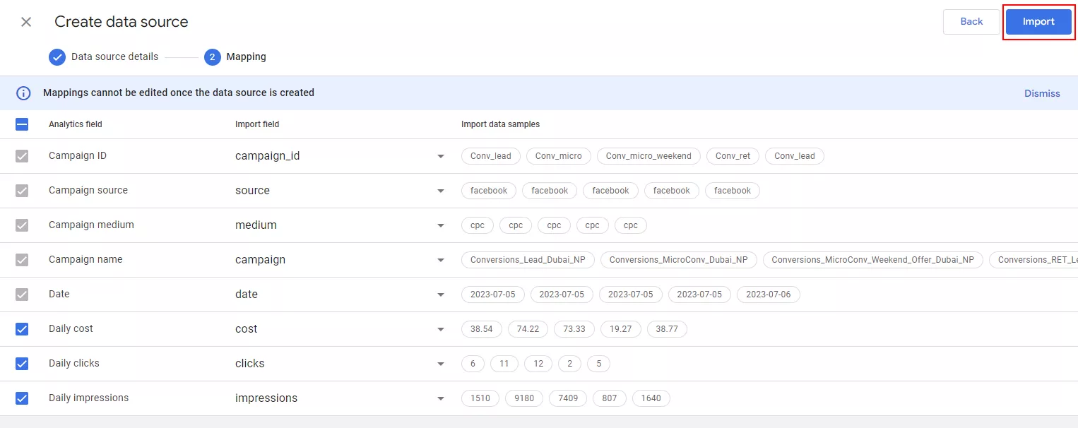 Here, you need to map the required and optional GA4 parameters to your file.