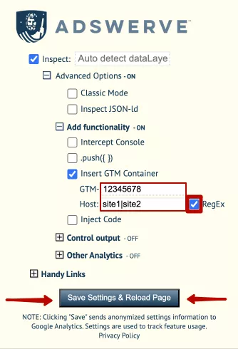 Then click on Save Settings & Reload Page, and your tag container will be installed on the sites you specified