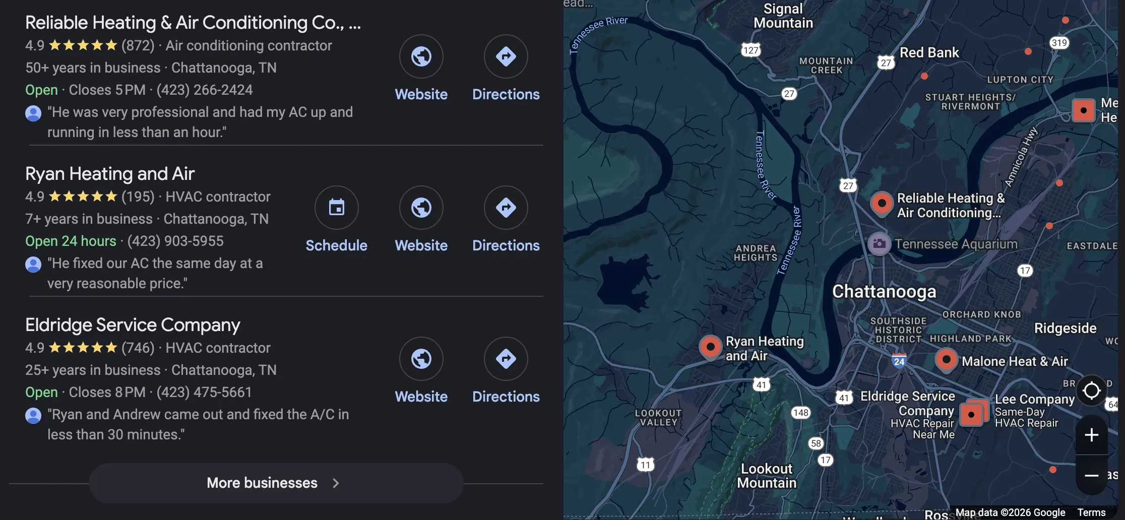 Map pack for &ldquo;AC repair near me&rdquo;