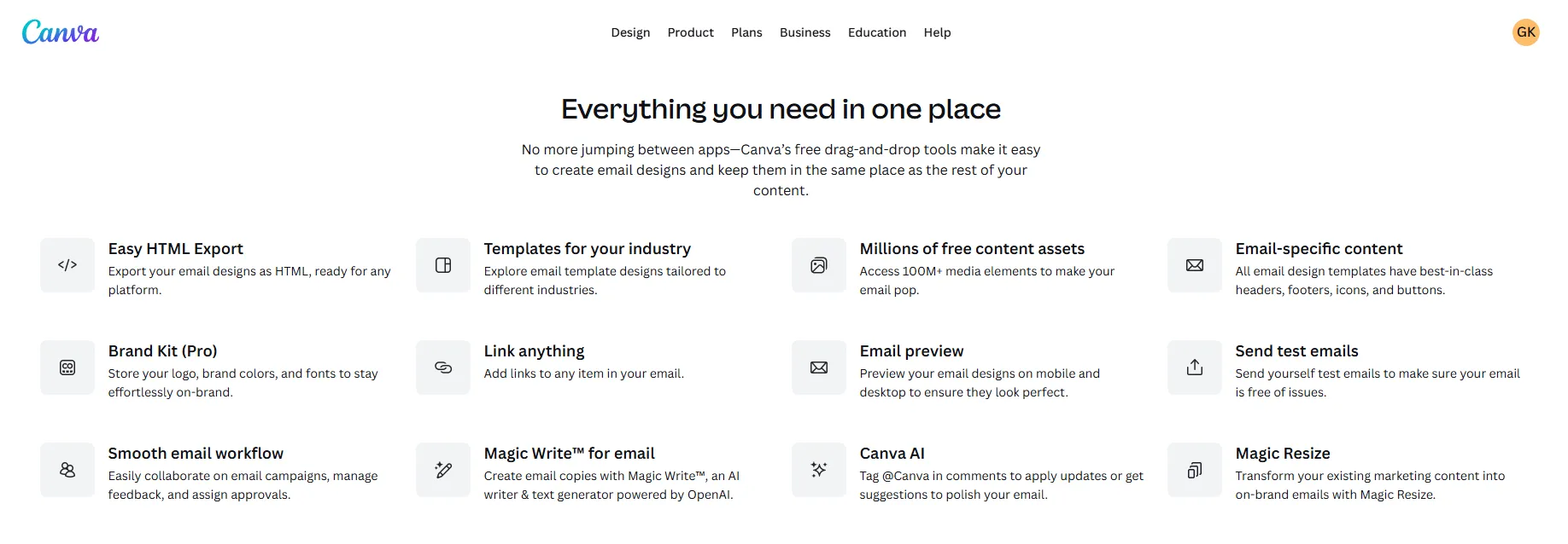 Акцентът е върху готовите шаблони, богатата библиотека от ресурси, възможностите за брандиране и AI инструментите за текст и дизайн.