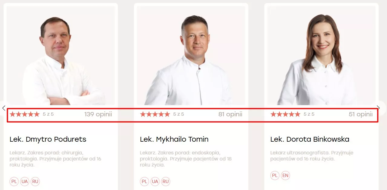 Рейтинг и количество отзывов в слайдерах врачей