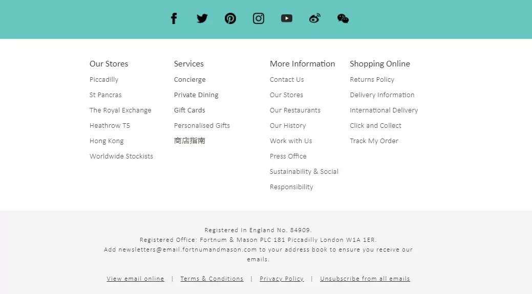 Email footer with sections for 'Our Stores', 'Services', 'More Information', and 'Shopping Online'. Includes social media icons, the address for Fortnum & Mason PLC in London, and links for viewing the email online, terms & conditions, privacy policy, and unsubscribing from emails