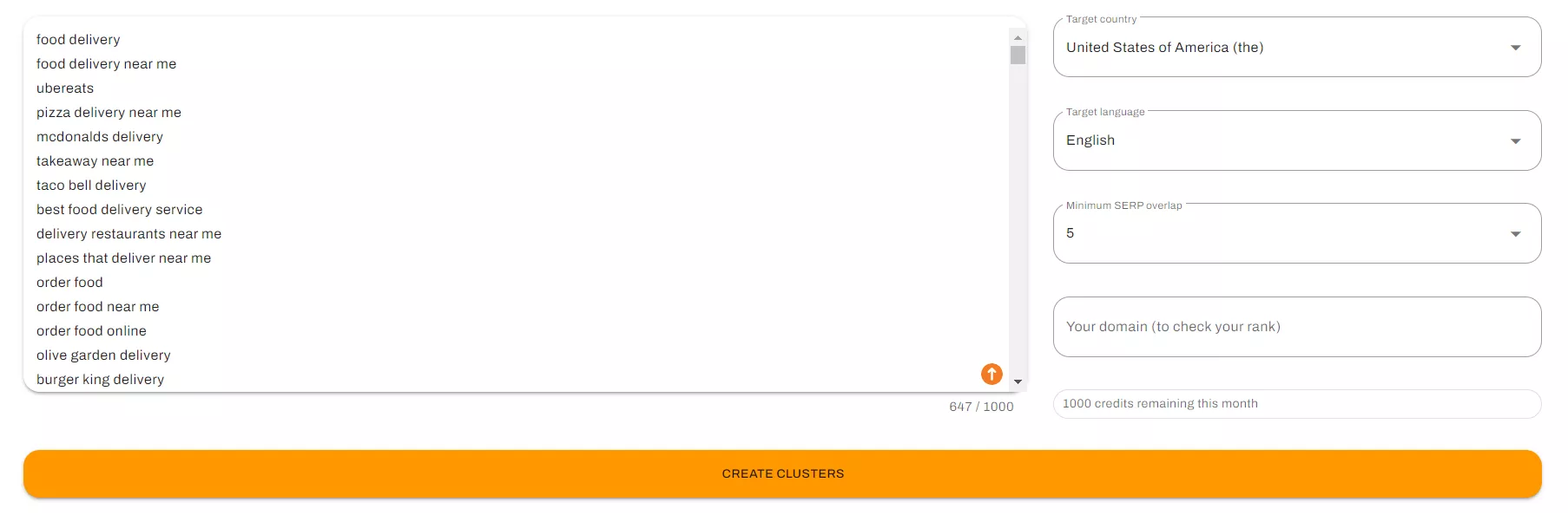 Процесс кластеризации слов в Free SERP Keyword Clustering Tool