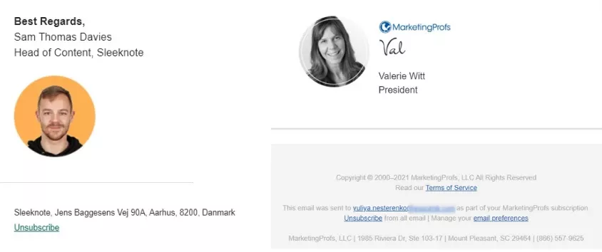 Two email signatures: Sam Thomas Davies of Sleeknote with an orange profile photo, and Valerie Witt of MarketingProfs with a monochrome photo. Includes addresses for both companies and links to unsubscribe and manage email preferences.