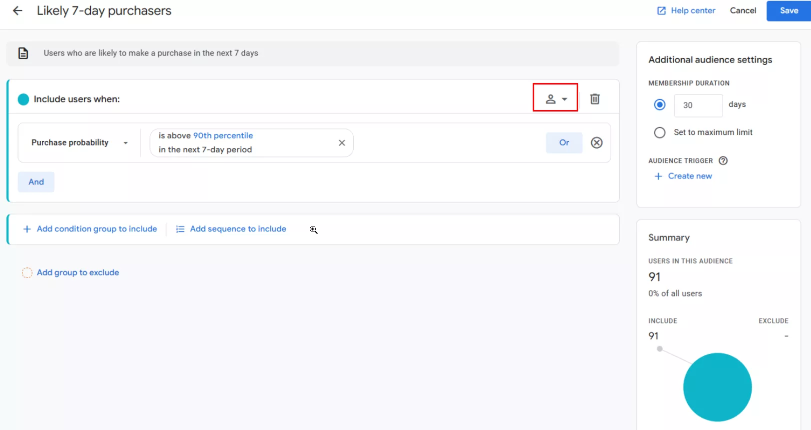 Панель настройки условий для сбора аудитории