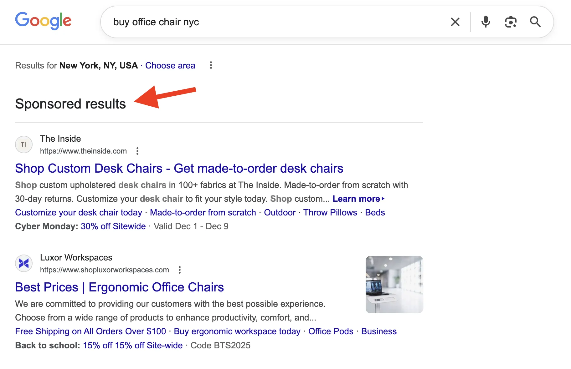 Google Ads for the keyword “buy office chair NYC.” 