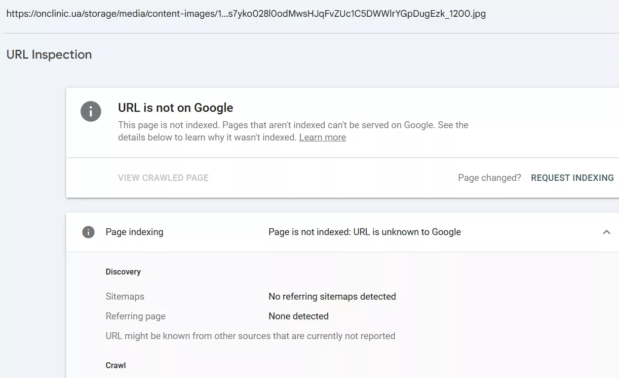 Example of missing image indexing according to Google Search Console data