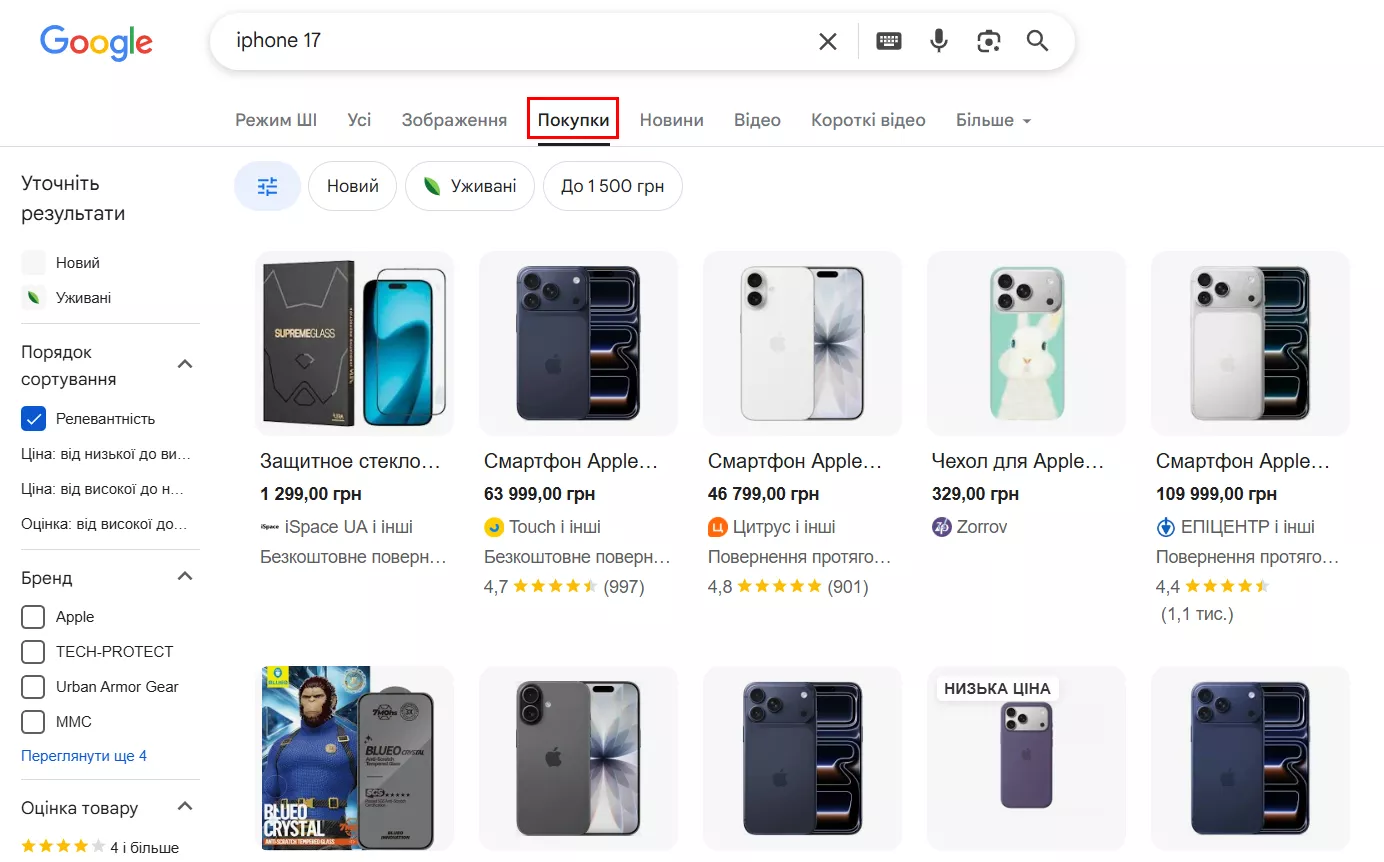 Відображення Google Shopping у вкладці Shopping (Покупки)
