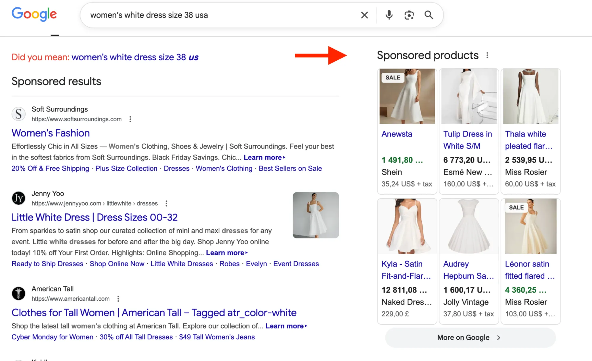 Google Shopping Ads for the keywords “women’s white dress size 38.” 