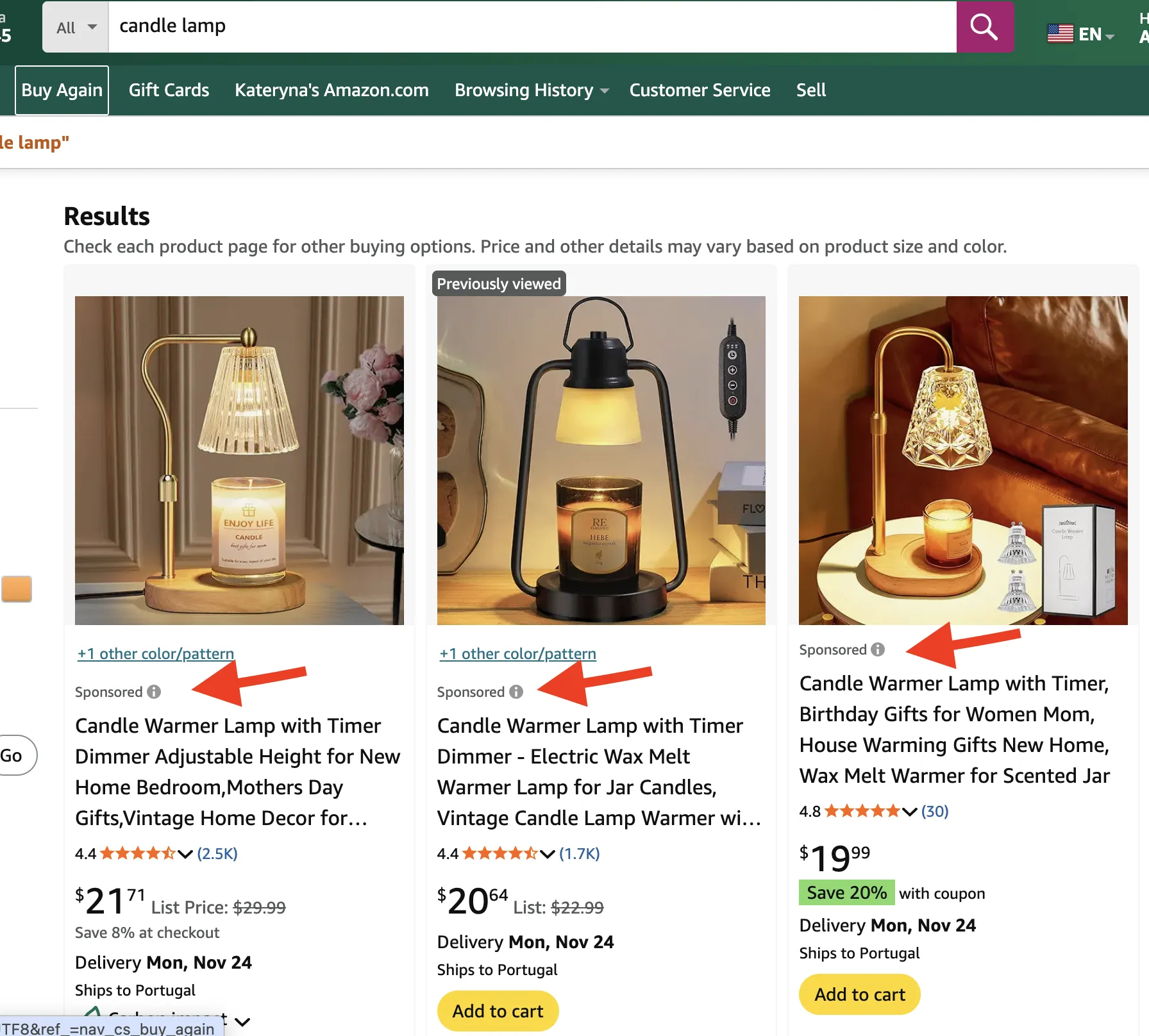 Ads with placement at the top of search results on Amazon