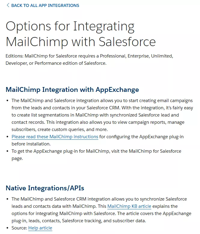 Інтеграція Salesforce та MailChimp із відповідними посиланнями на сайт партнера