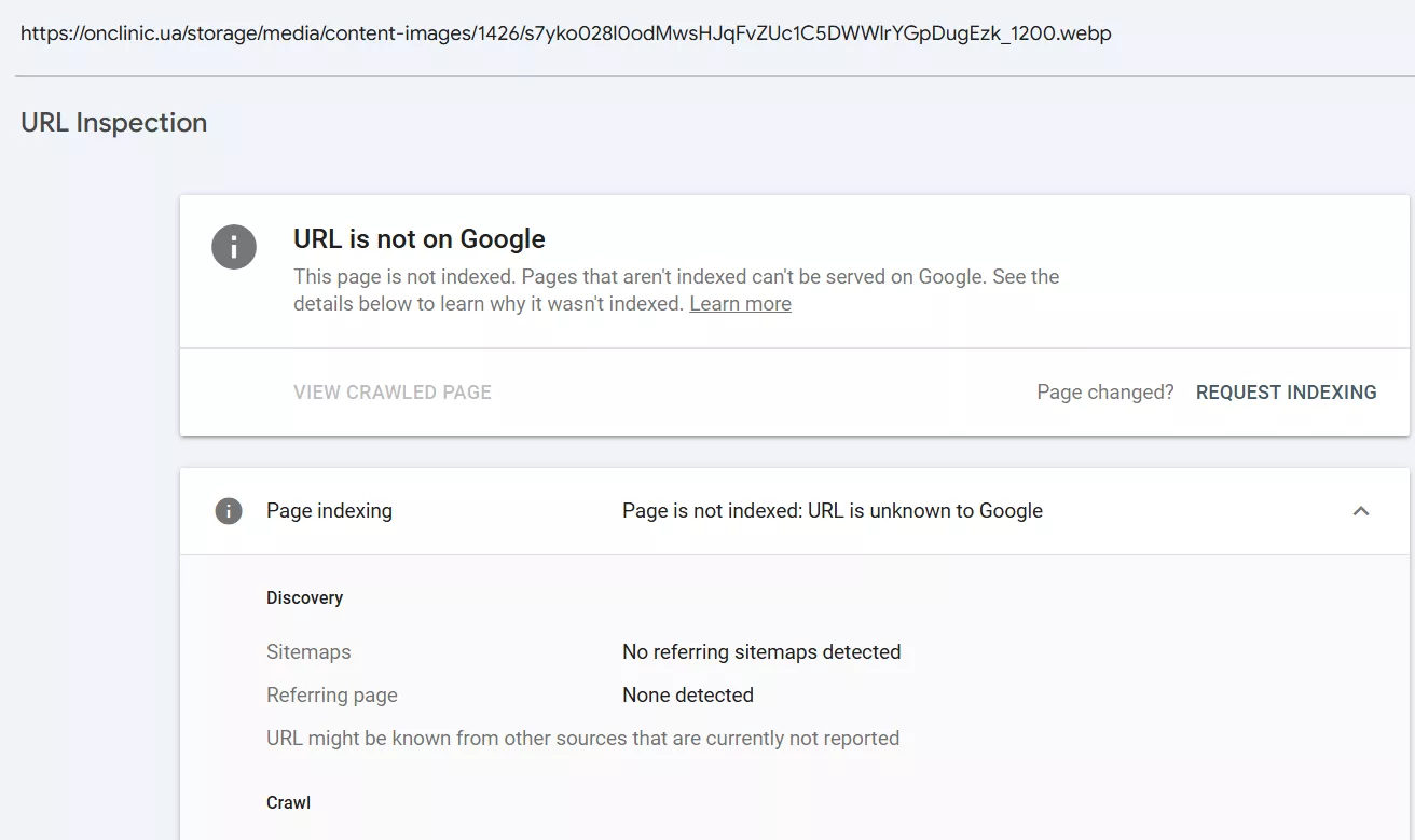 Приклад відсутності індексації зображень за даними Google Search Console