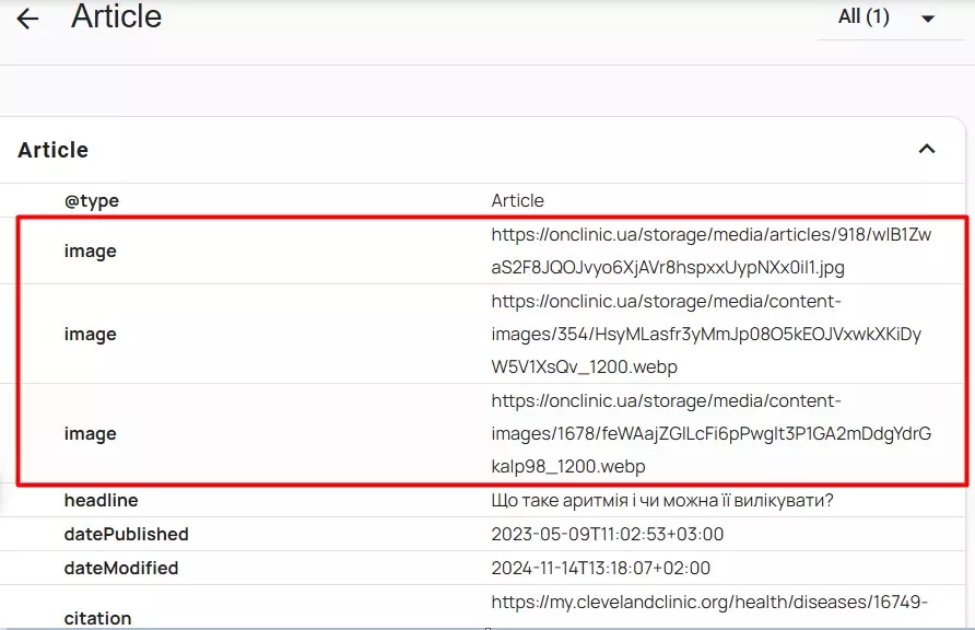 Example of Article-type structured data after adding images
