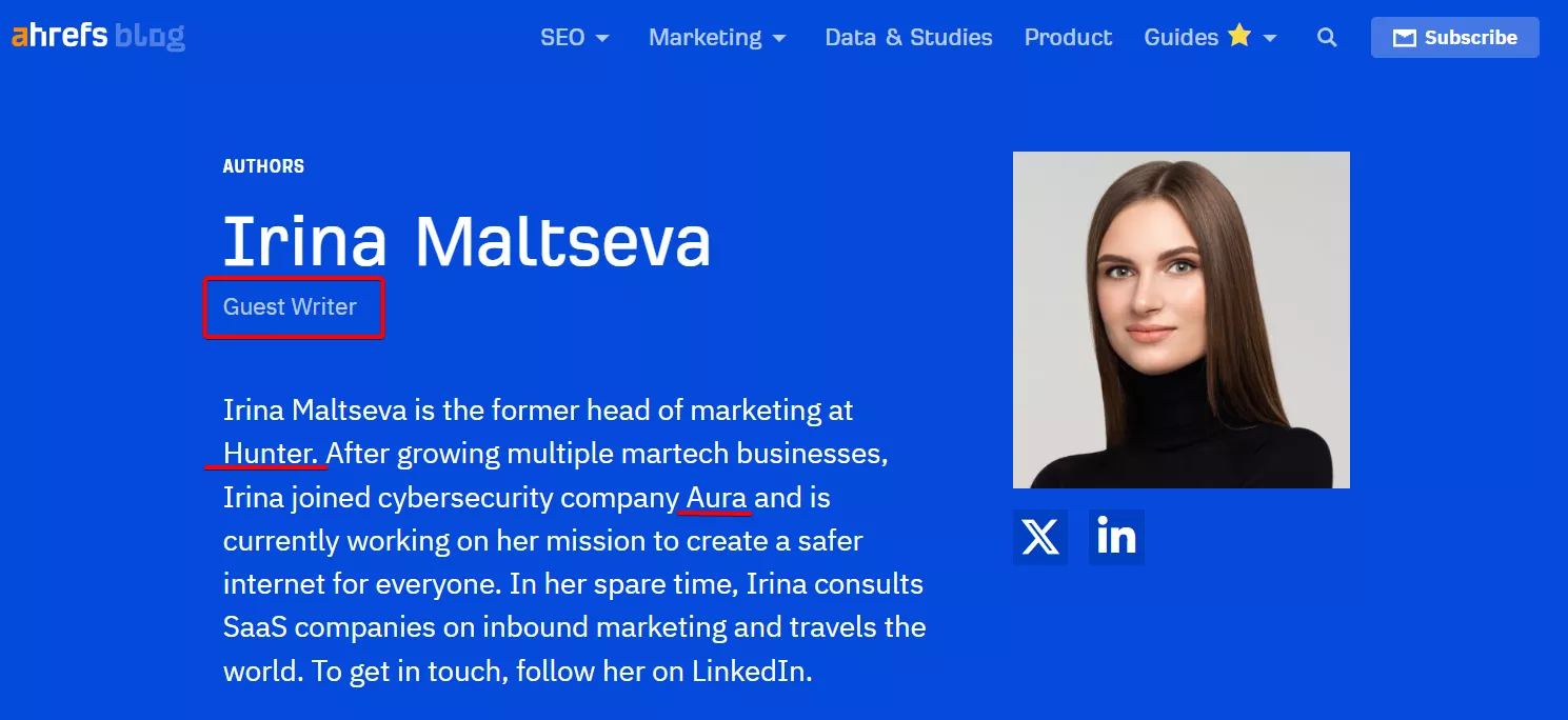 Example of a guest author page on Ahrefs
