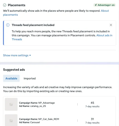 Кампанія повністю працює на Advantage+: алгоритм самостійно підбирає найкращі аудиторії, плейсменти та креативи.