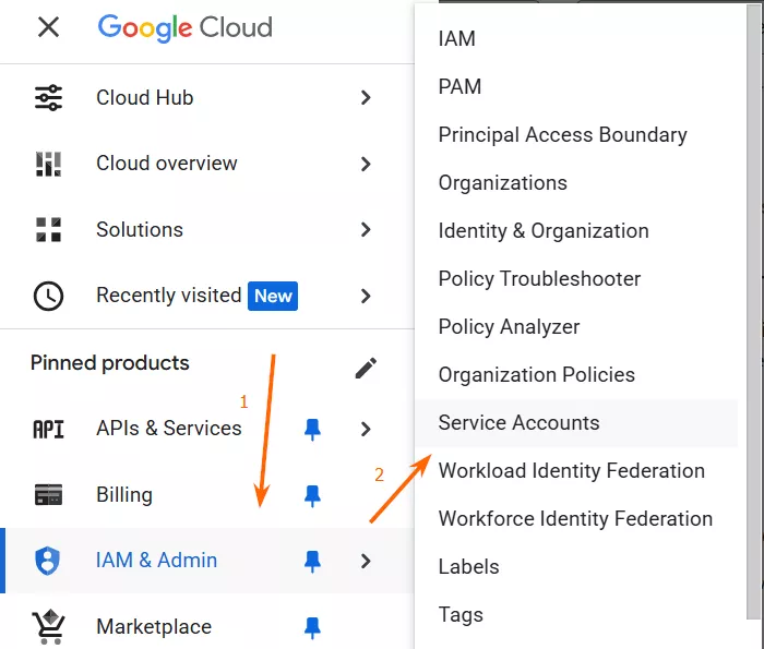 Коли проєкт створений, клікніть на навігаційне меню (три горизонтальні смужки) зліва зверху та перейдіть у Service Accounts.