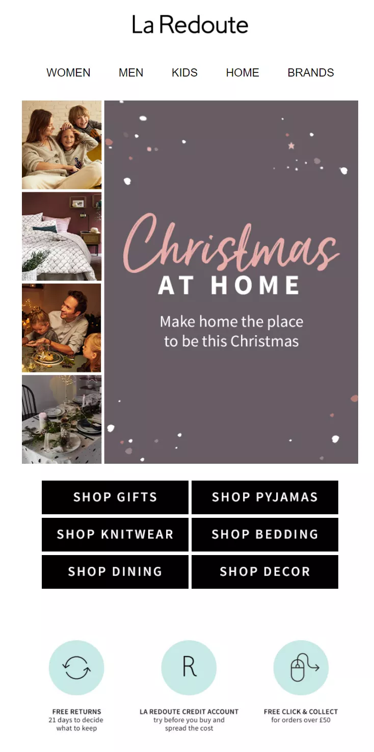 christmas at home email campaign with photos of happy families and buttons for different site sections to browse