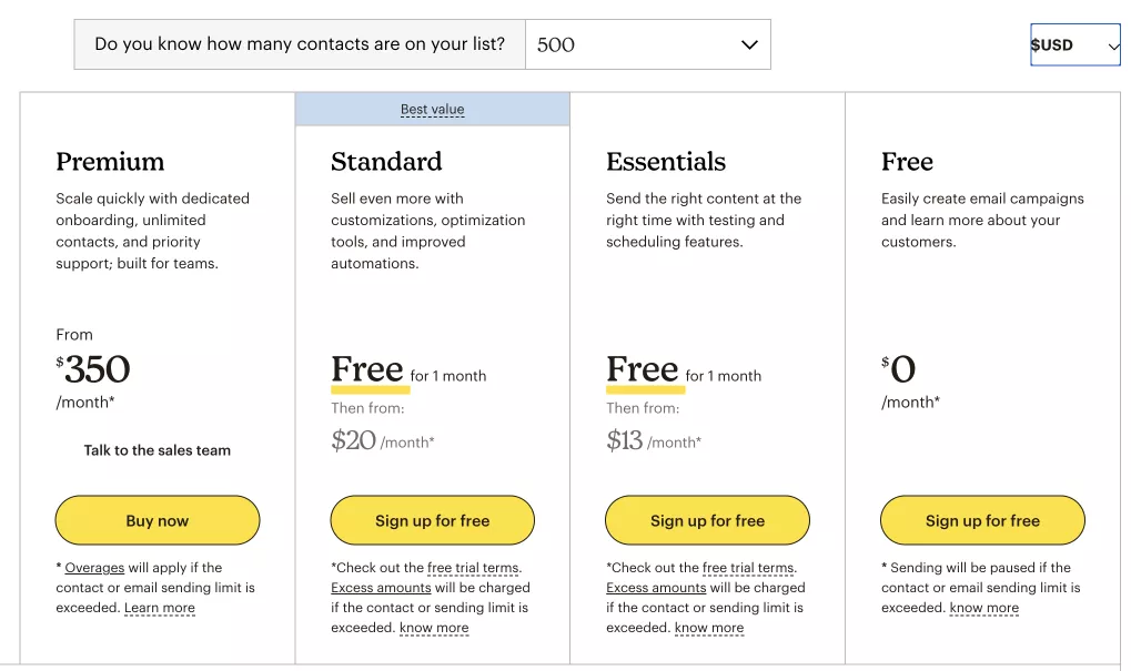 mailchimp-different-subscription-price-tiers