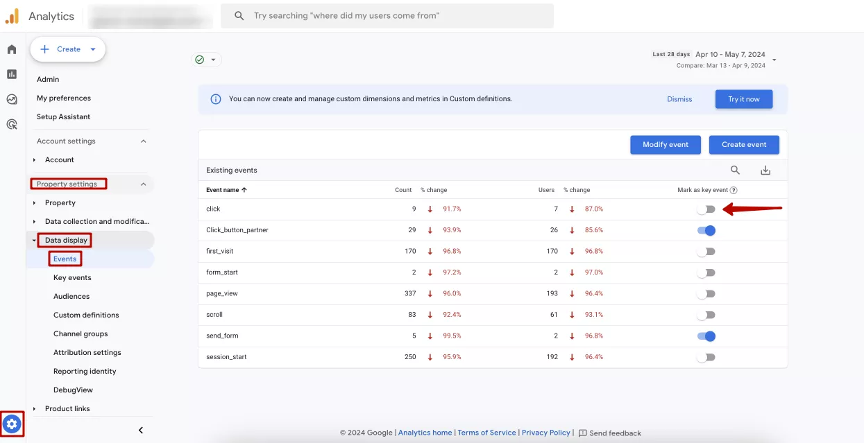 зайти в «События» в Google Analytics 4, как это уже описывала выше. И перетащить ползунок в столбце «Mark as key event» напротив необходимого события