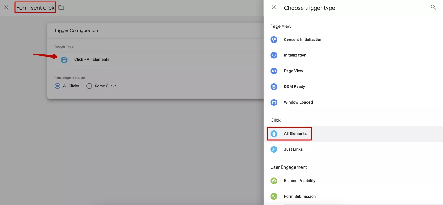 Назвіть новий тригер і оберіть тип «Кліки» — «Всі елементи»