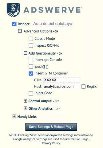 Далее откройте выпадающий список «Advanced Options — Add Functionality» и нажмите «Insert GTM Container»