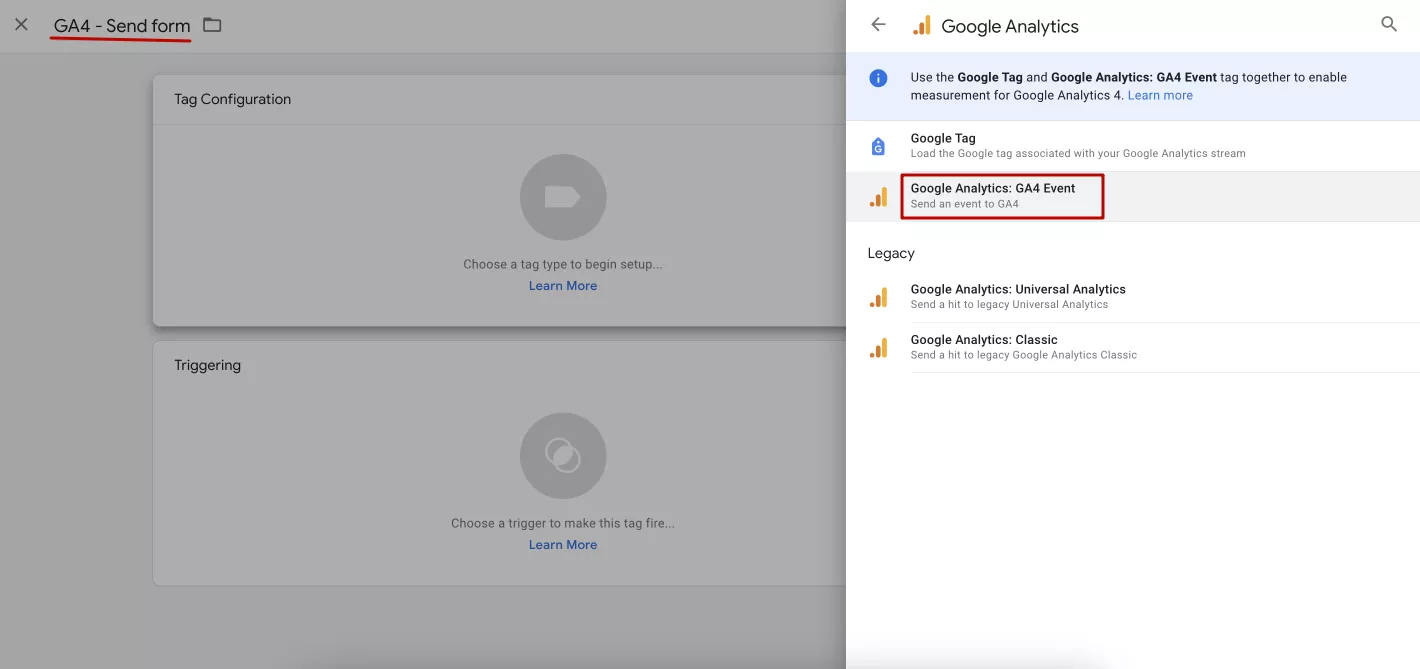 адайте название и выберите конфигурацию тега Google Analytics — GA4 Event