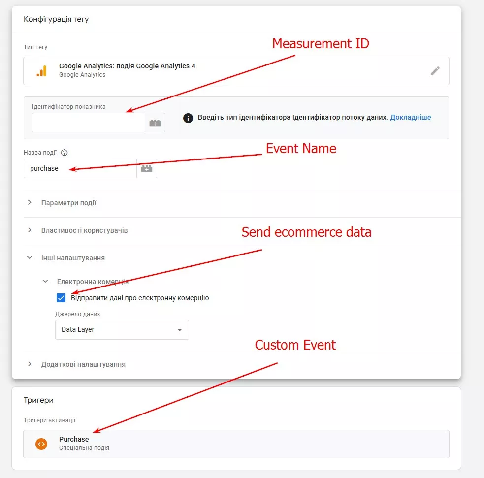 Налаштуйте тригер ― Custom Event, ключ ― purchase.