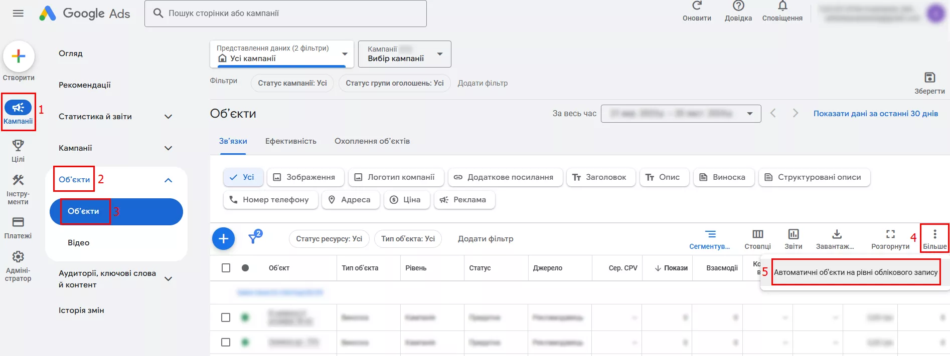 Налаштування автоматичних об’єктів у рекламному кабінеті знаходиться за шляхом «Кампанії — Об’єкти — Об’єкти», далі клінкніть три крапки й оберіть «Автоматично об’єкти на рівні облікового запису». 