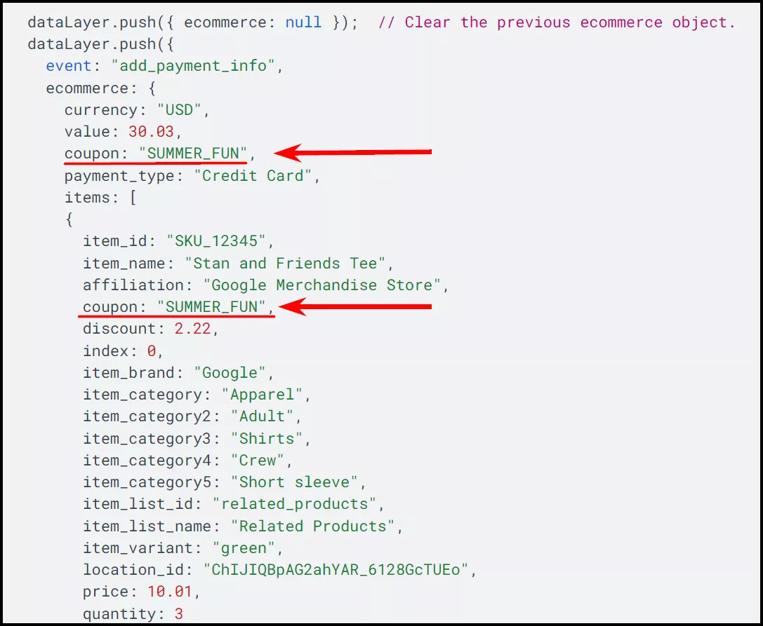 Наприклад, для змінної ecommerce.coupon мають бути рядки з інформацією про купон: