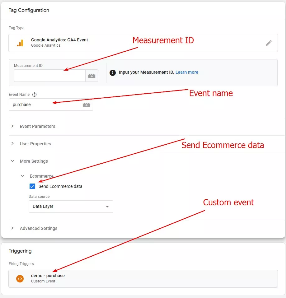 Настройте триггер — Custom Event, ключ — purchase.