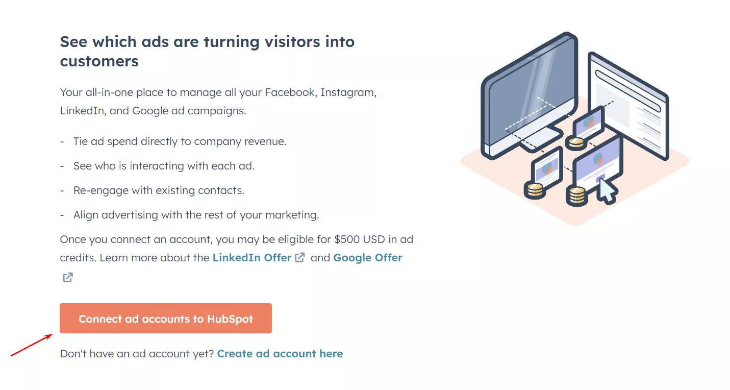 Натискаю «Connect ad accounts to HubSpot».