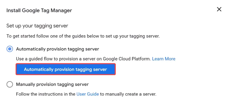Натисніть &laquo;Automatically provision tagging server&raquo;.