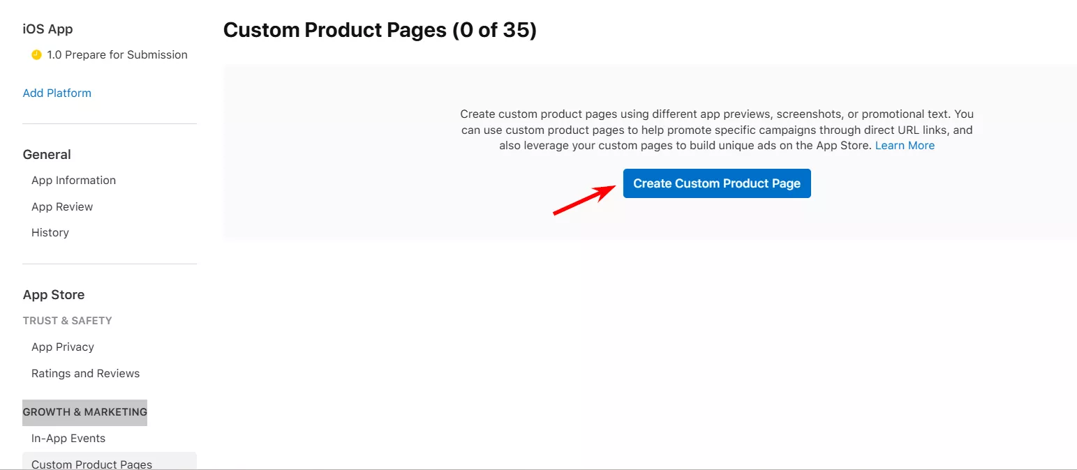 Натисніть кнопку Create Custom Product Page.