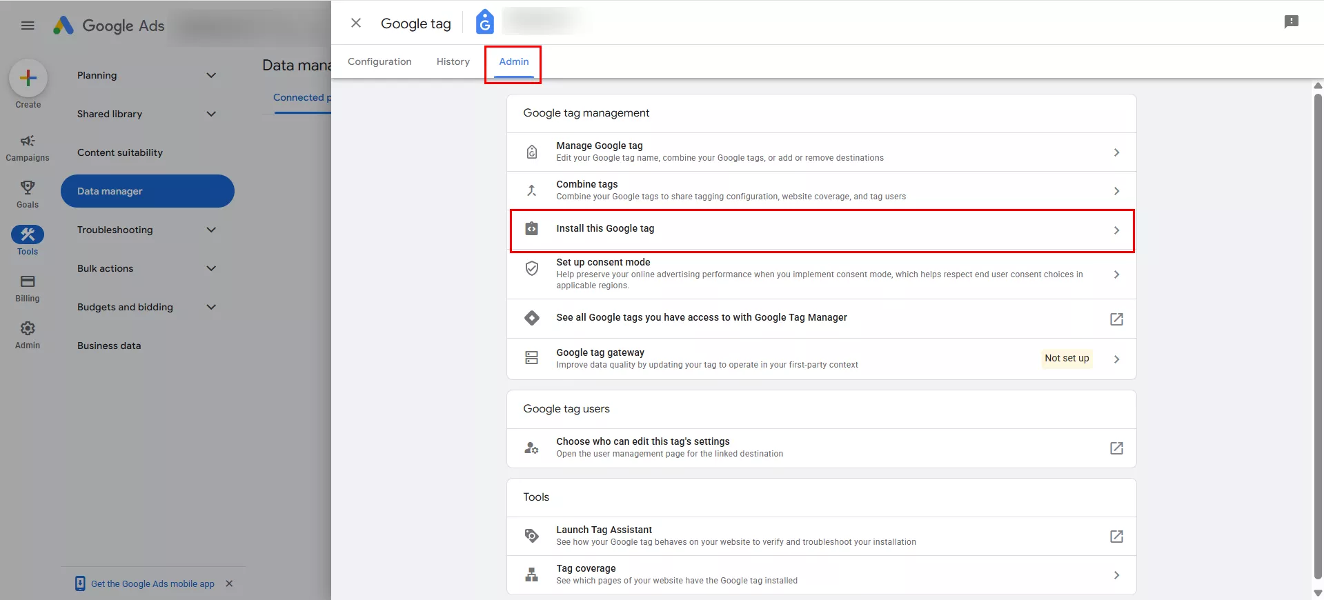 Натисніть «Установити цей тег Google» (Install this Google tag).
