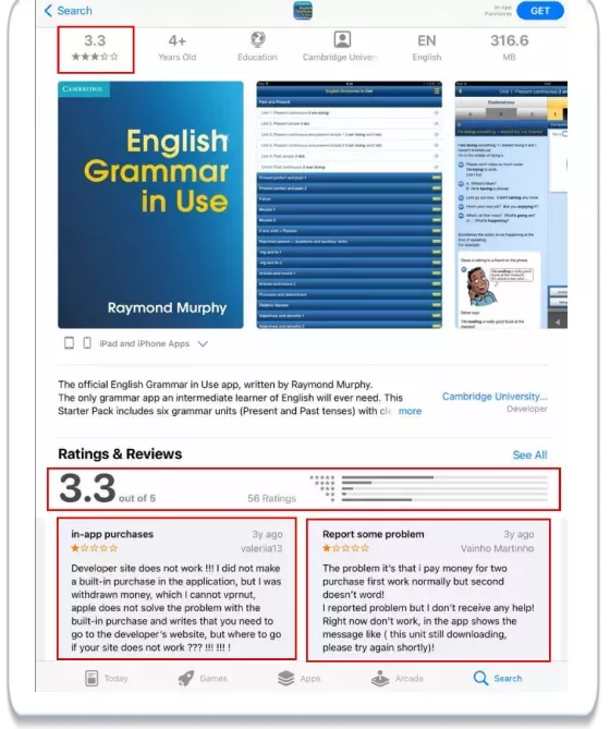 Ако погледнем резултатите за search term „English“. На пръв поглед приложението „English Grammar in Use“ е най-малко вероятно да бъде инсталирано – то има най-ниската обща оценка и най-нисък рейтинг сред всички други.  След като отворите страницата на приложението и видите отрицателни отзиви, вашето мнение за това приложение определено няма да се промени към по-добро: