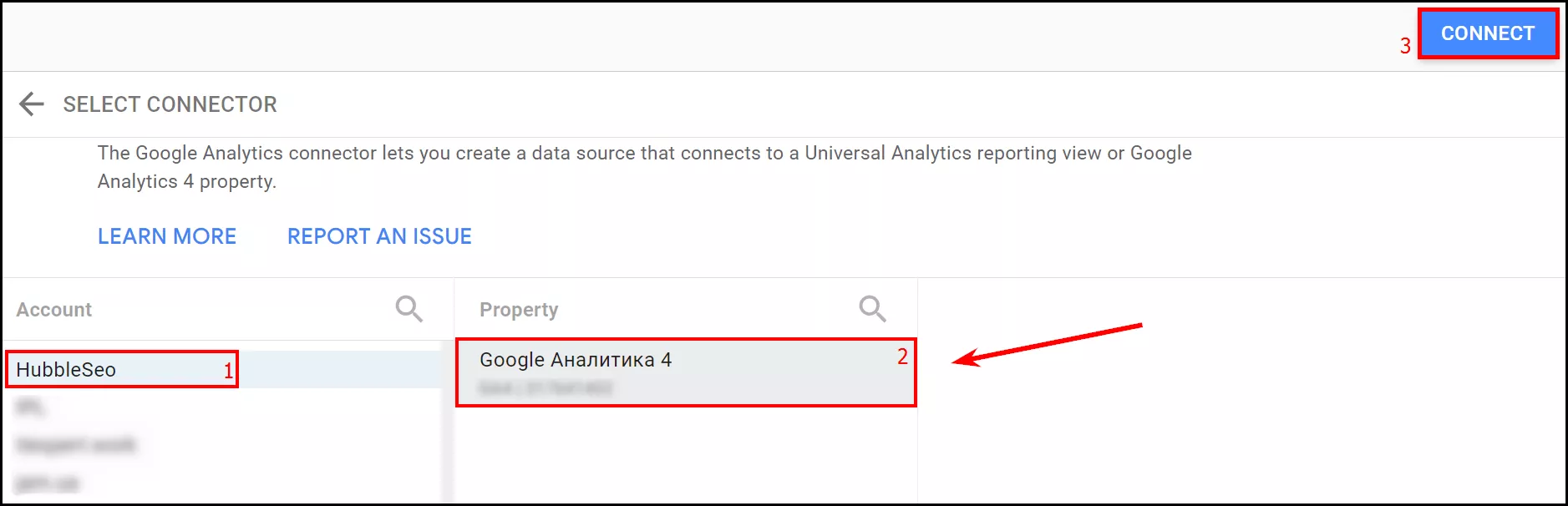 Next, as in the first method, select the GA4 property account and click Connect.