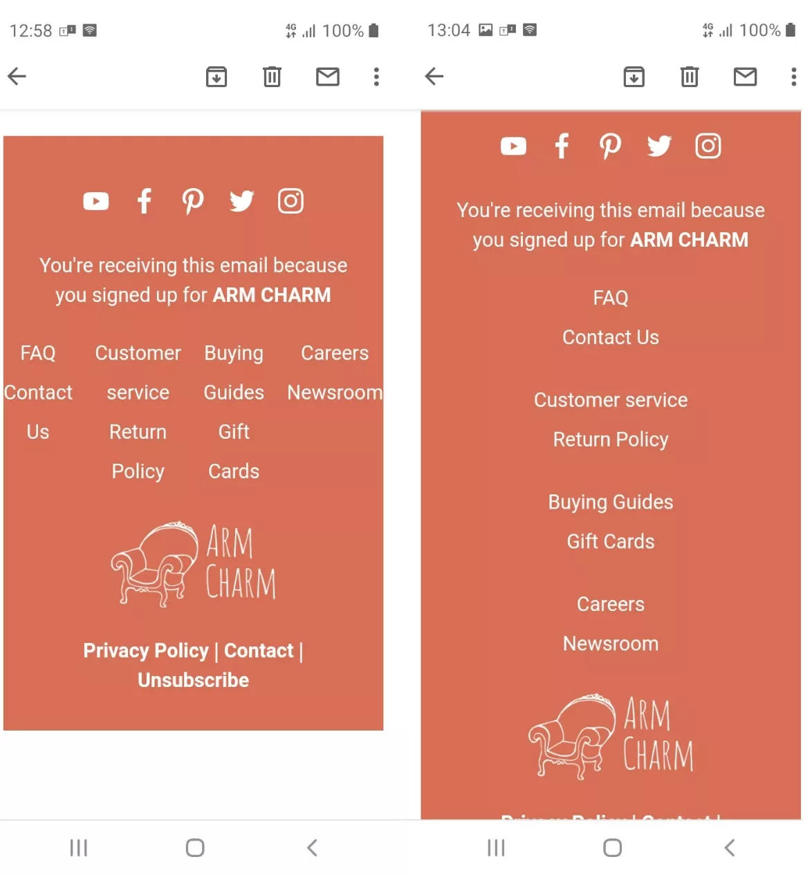 Two screenshots of an ARM CHARM email footer on a mobile device, showing social media icons, a subscription confirmation message, and links for FAQ, customer service, return policy, buying guides, gift cards, careers, newsroom, privacy policy, contact, and unsubscribe. The image is example of adaptive vs. non-adaptive email footer