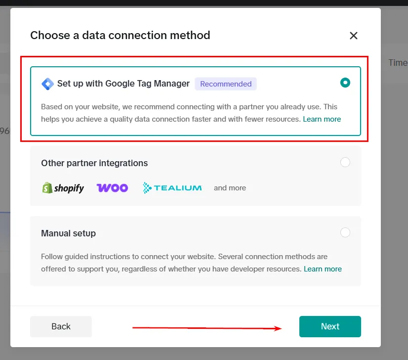 Оберіть спосіб встановлення пікселя — Google Tag Manager.