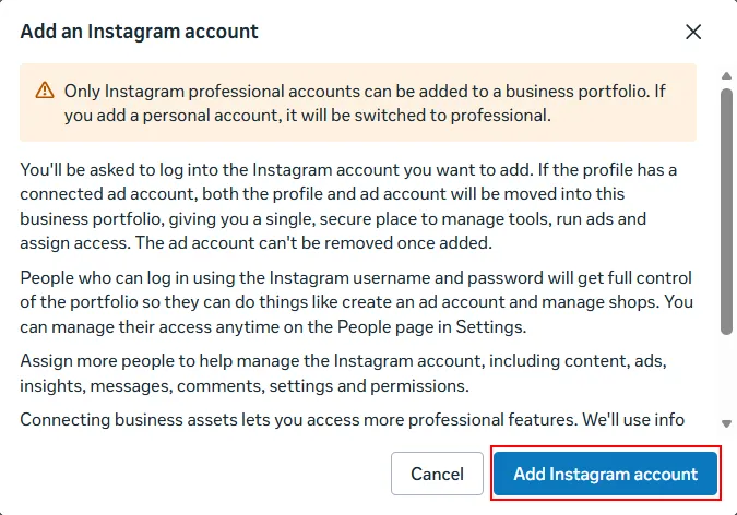 Оберіть вкладку «Акаунти Instagram» (Instagram accounts), натисніть «Додати» (Add) та пройдіть авторизацію у професійному профілі Instagram.