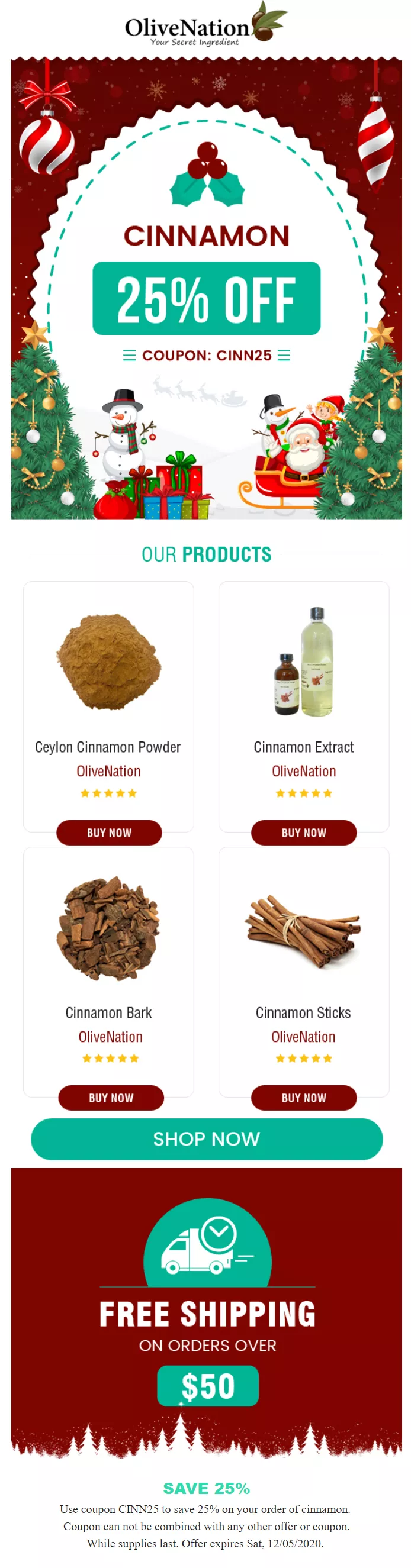 olive nation christmas email newsletter with promo code and cinnamon product highlights