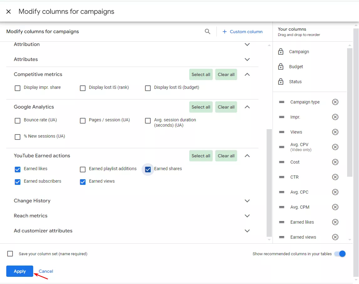 Отметьте нужные метрики и нажмите Apply — изменения отобразятся в таблице статистики кампании.
