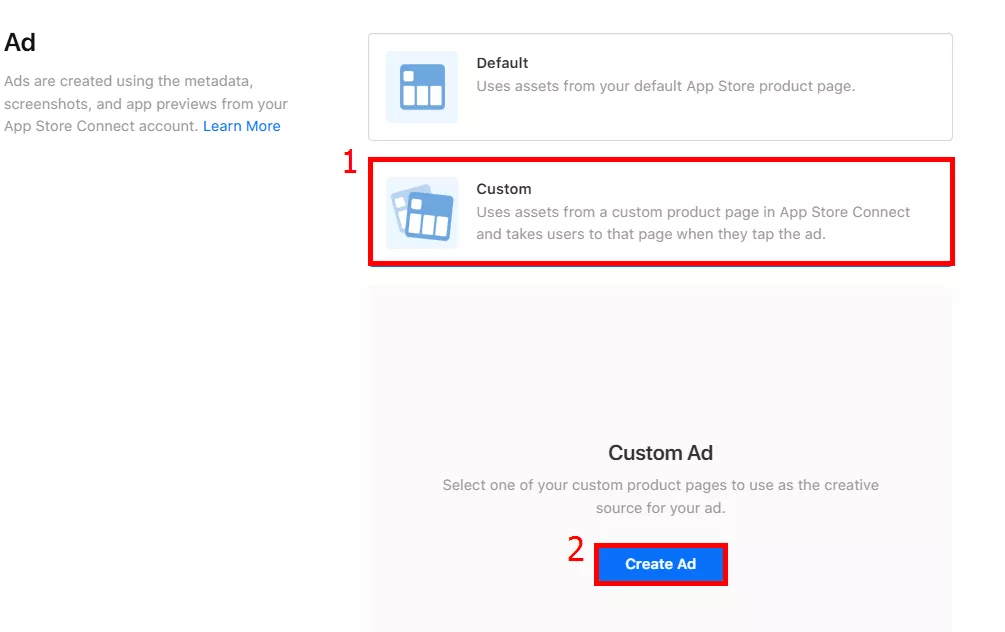 Перейдіть до підрозділу Ad — Custom Ad натисніть Create Ad, після цього з консолі підтягнуться всі доступні СРР.