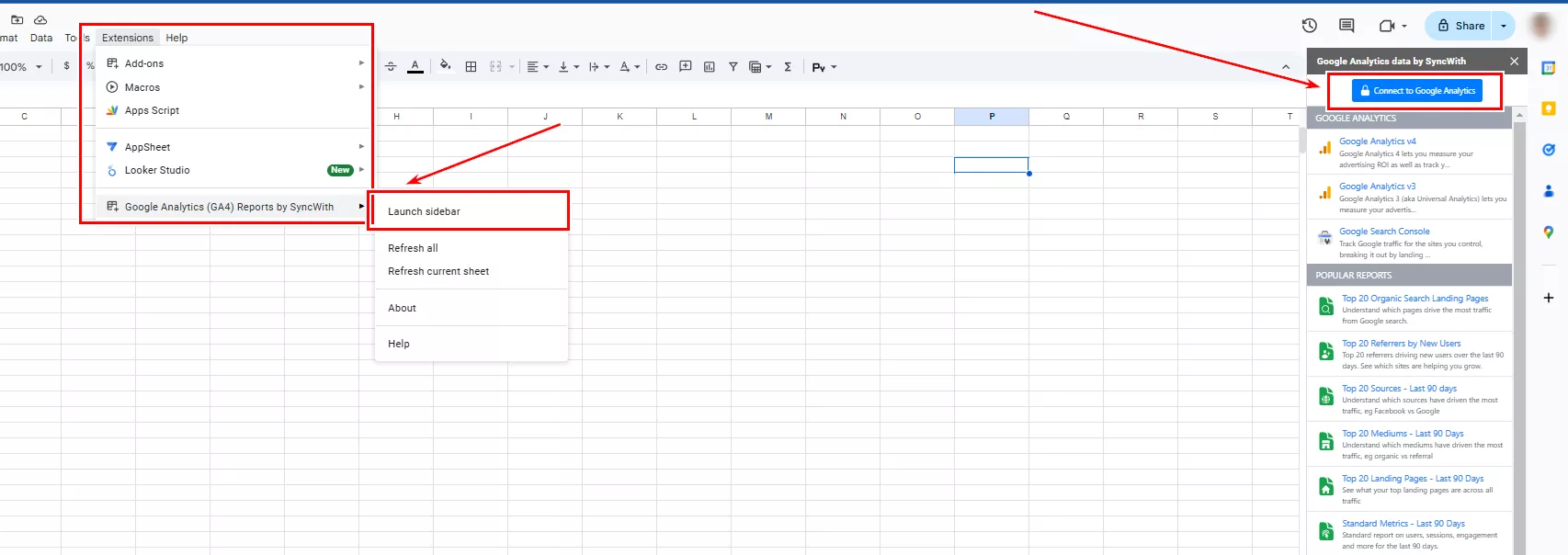Перейдіть до «Розширення — Google Analytics — Launch sidebar — Підключитися до Google Analytics».