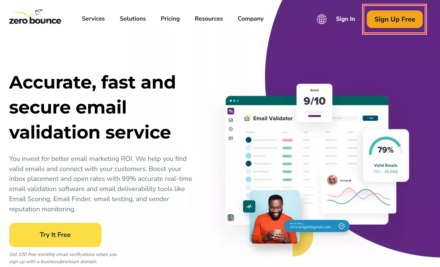 Перейдіть на сайт zerobounce.net і натисніть на Sign Up Free.